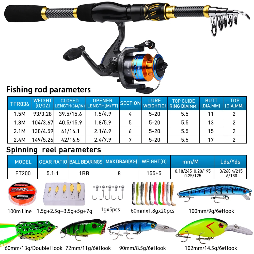 PROBEROS 1.5m-2.4m Fishing Rod - đánh giá và giá Reel Bag